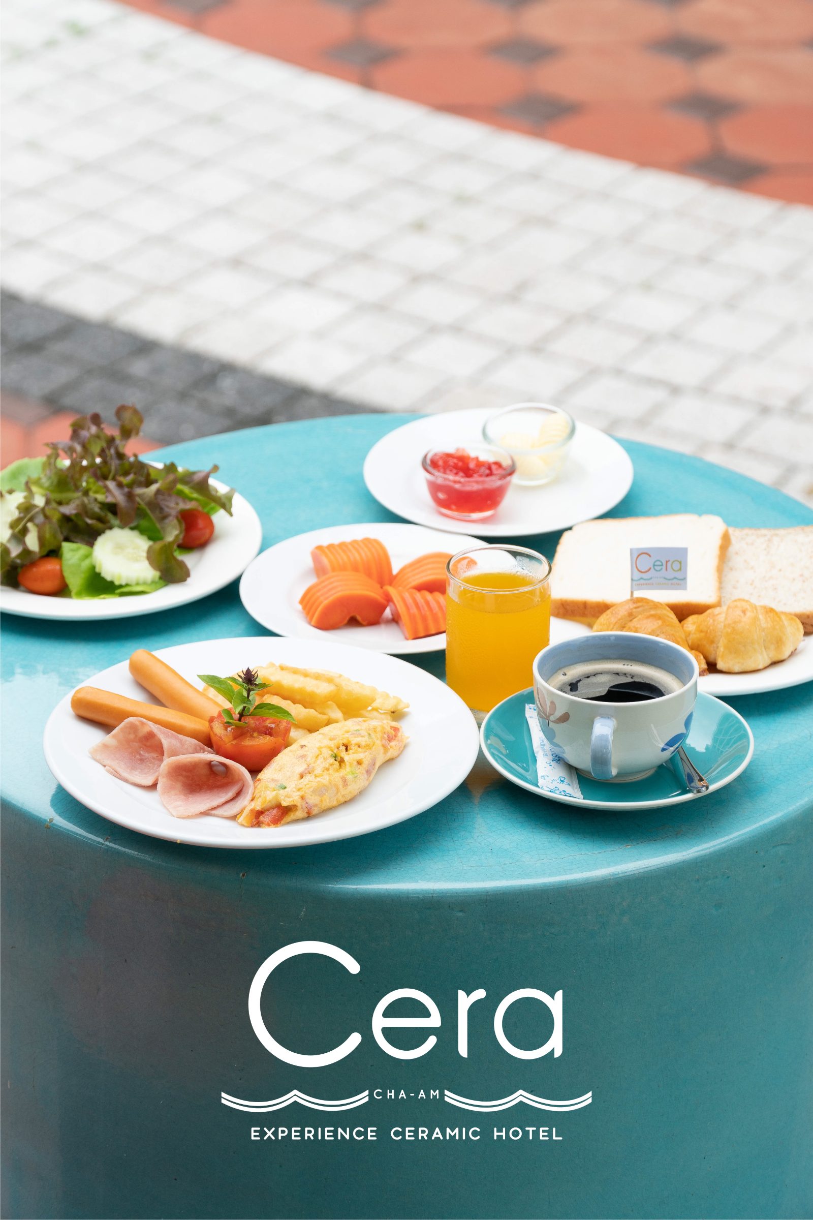 Thai breakfast set on ceramic tables
